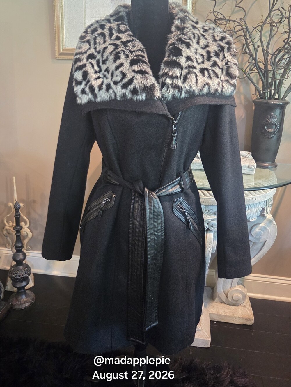 Via Spiga Wool Blend Peacoat Leopard Faux Fur Faux Leather Trim Designer #116